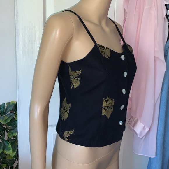 Vintage 90s black gold mother of pearl button cami tank top S - Picture 7 of 11